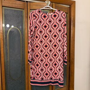 Geometric Print Long Sleeve Shift Dress - Coral & Navy Michael Kors EUC